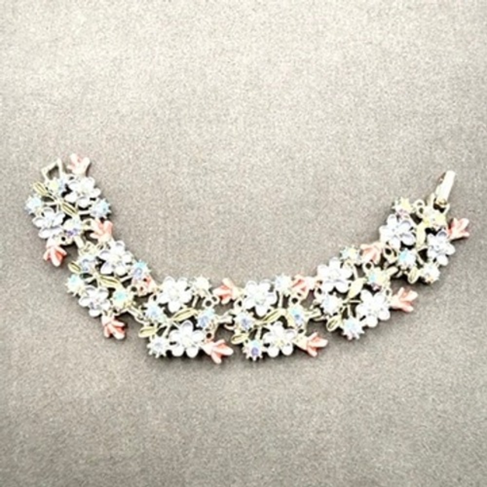 PAM Vintage Floral Enamel Aurora Borealis Crystal Bracelet Cottagecore